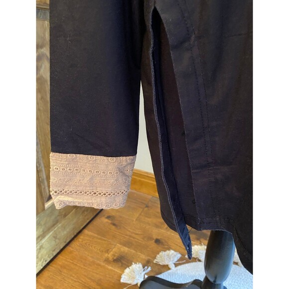 Exclusive Geo Trim Color block Womens Size Large Black Tan Hi Low Pullover Top - Picture 3 of 10